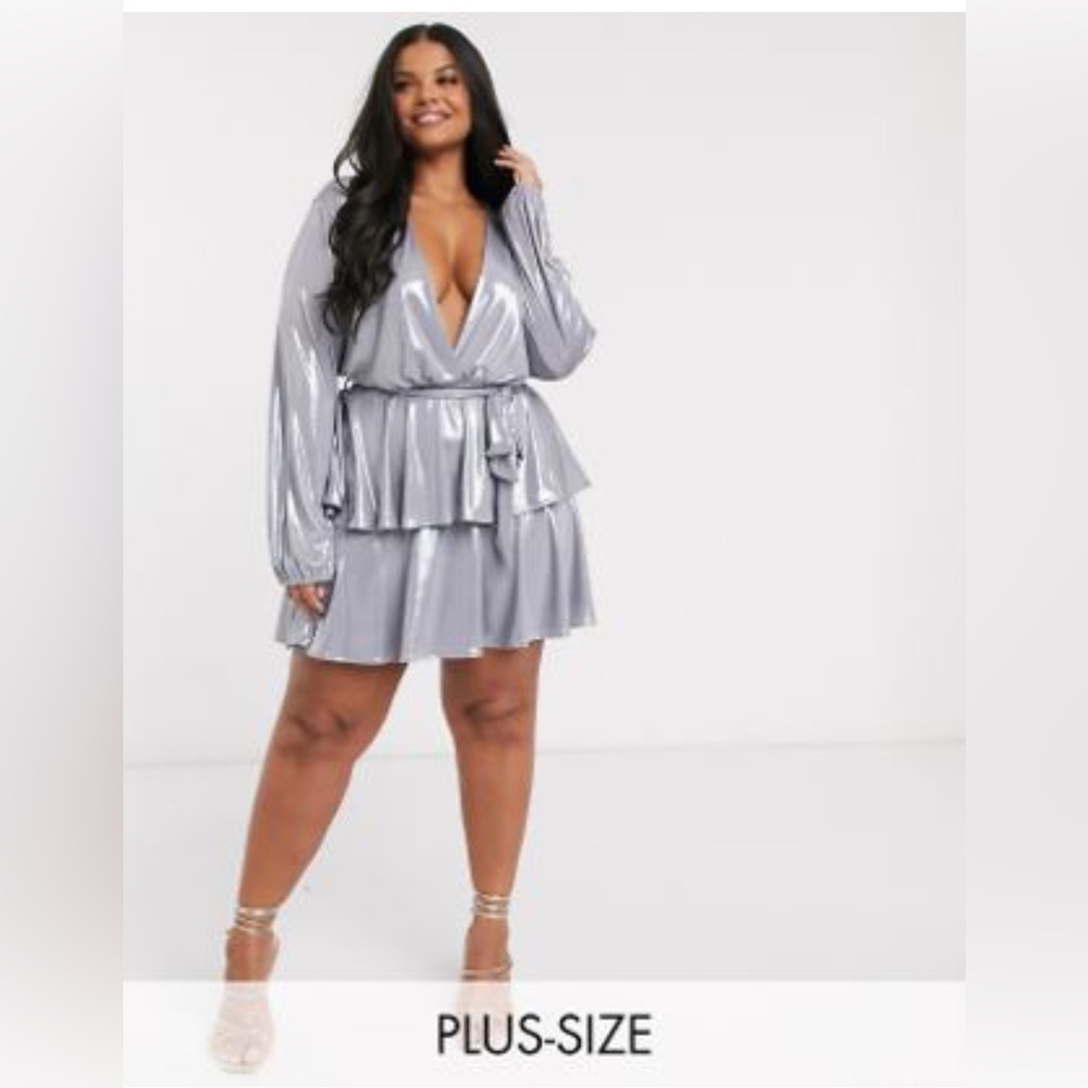 John Zack Plus exclusive metallic plunge front ruffle detail skater dress silver